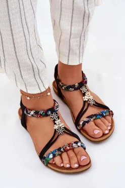 Sandały Damskie Z Przypinkami I Plecionymi Paskami Czarne Nusoreth