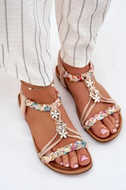 Sandały Damskie Z Przypinkami I Plecionymi Paskami Beżowe Nusoreth