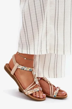 Sandały Damskie Z Przypinkami I Plecionymi Paskami Beżowe Nusoreth