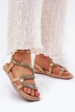 Sandały Damskie Ze Zdobieniem Wąż Eko Zamszowe Artiker 56C1361 Beżowe