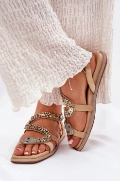 Sandały Damskie Ze Zdobieniem Wąż Eko Zamszowe Artiker 56C1361 Beżowe