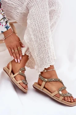 Sandały Damskie Ze Zdobieniem Wąż Eko Zamszowe Artiker 56C1361 Beżowe