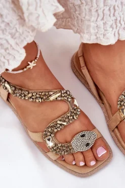 Sandały Damskie Ze Zdobieniem Wąż Eko Zamszowe Artiker 56C1361 Beżowe