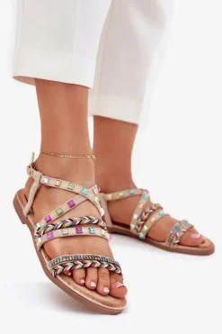 Sandały Damskie Ze Zdobieniem I Plecionymi Paskami Beżowe Delyra