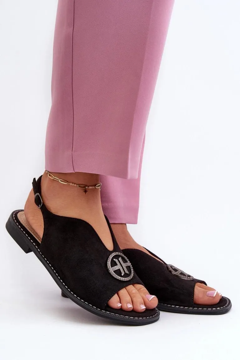 Sandały Damskie Ze Złotą Ozdobą Eko Zamszowe S.Barski KV27-059 Czarne