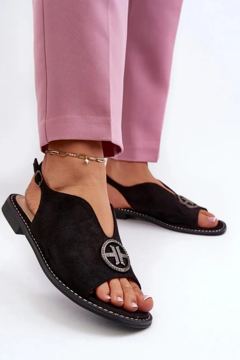 Sandały Damskie Ze Złotą Ozdobą Eko Zamszowe S.Barski KV27-059 Czarne