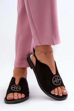 Sandały Damskie Ze Złotą Ozdobą Eko Zamszowe S.Barski KV27-059 Czarne