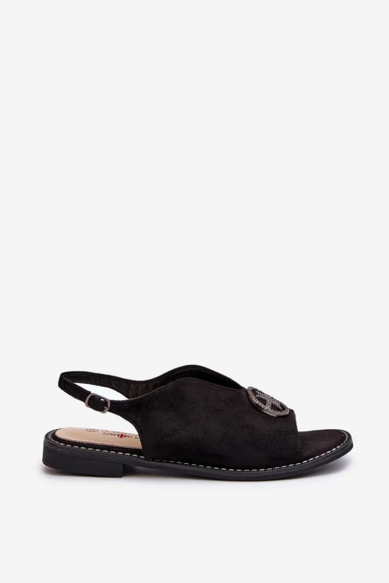 Sandały Damskie Ze Złotą Ozdobą Eko Zamszowe S.Barski KV27-059 Czarne