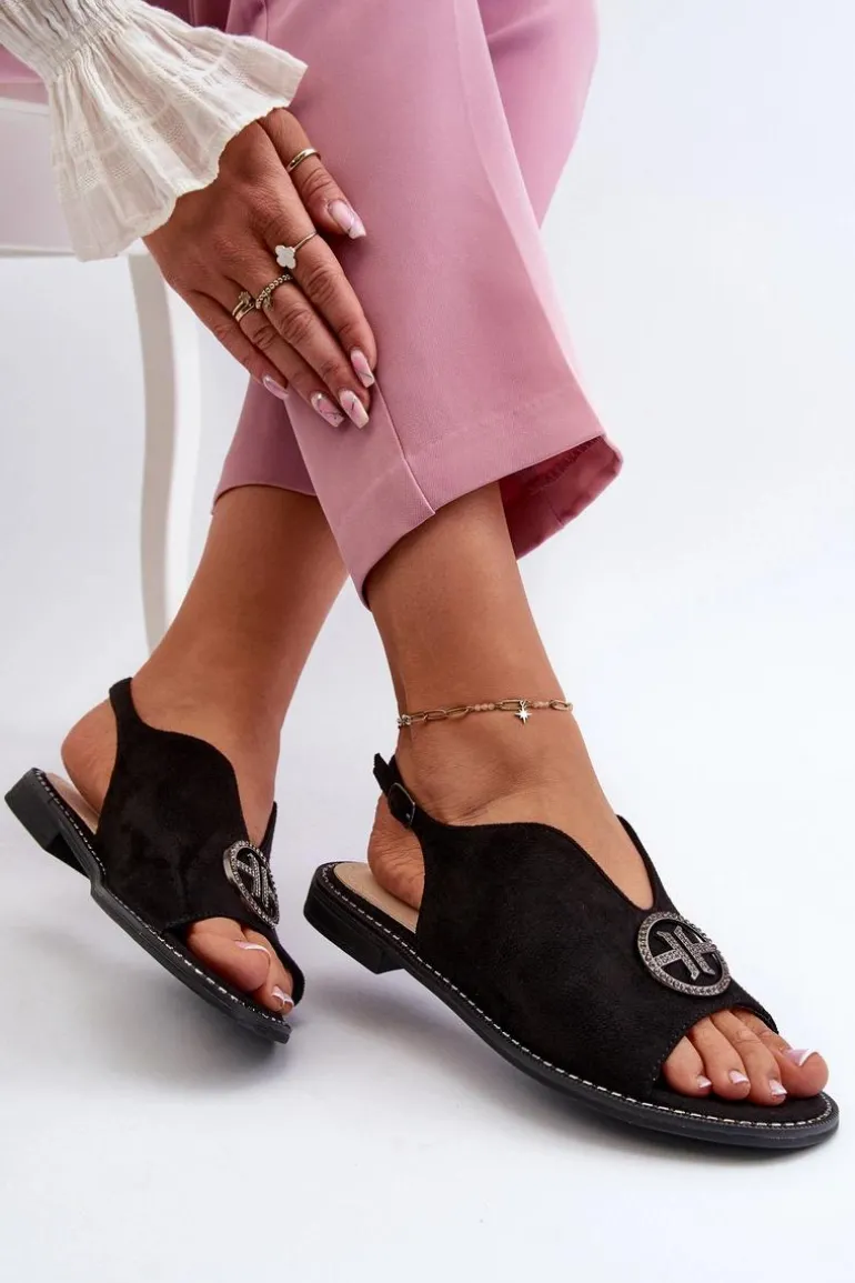 Sandały Damskie Ze Złotą Ozdobą Eko Zamszowe S.Barski KV27-059 Czarne