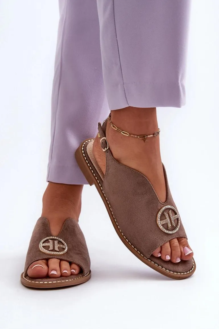 Sandały Damskie Ze Złotą Ozdobą Eko Zamszowe S.Barski KV27-059 Brązowe