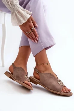 Sandały Damskie Ze Złotą Ozdobą Eko Zamszowe S.Barski KV27-059 Brązowe