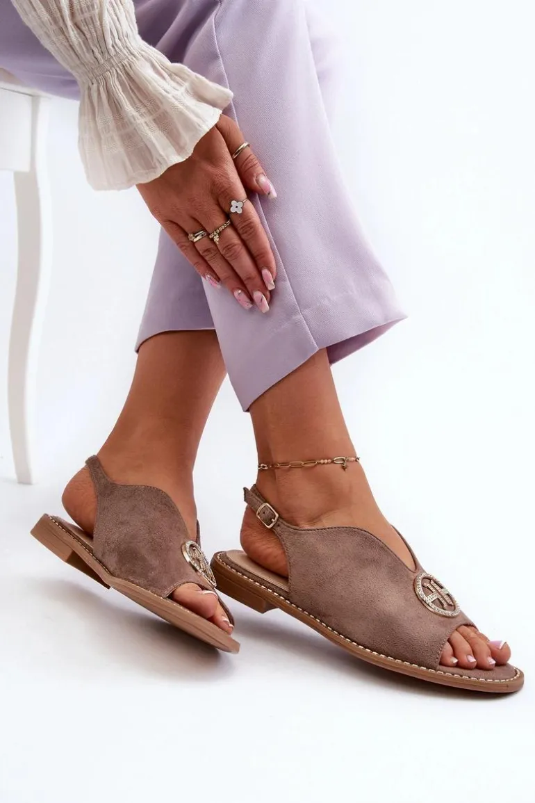 Sandały Damskie Ze Złotą Ozdobą Eko Zamszowe S.Barski KV27-059 Brązowe