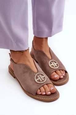 Sandały Damskie Ze Złotą Ozdobą Eko Zamszowe S.Barski KV27-059 Brązowe