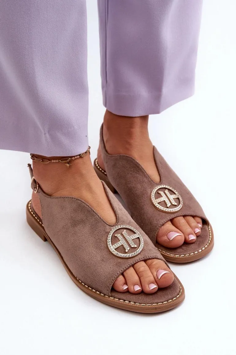 Sandały Damskie Ze Złotą Ozdobą Eko Zamszowe S.Barski KV27-059 Brązowe