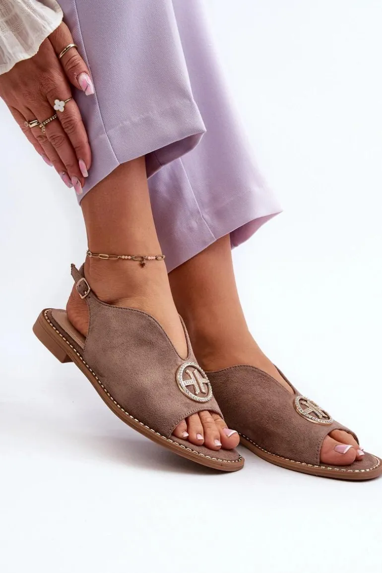 Sandały Damskie Ze Złotą Ozdobą Eko Zamszowe S.Barski KV27-059 Brązowe