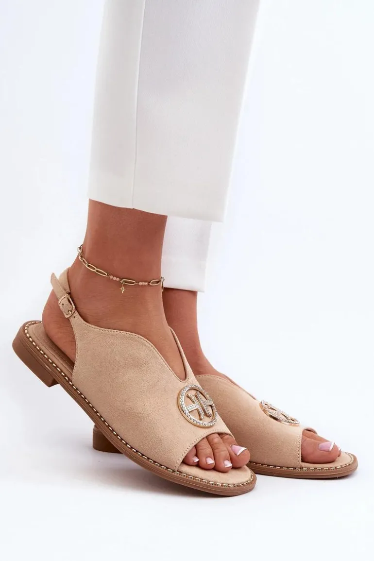 Sandały Damskie Ze Złotą Ozdobą Eko Zamszowe S.Barski KV27-059 Beżowe