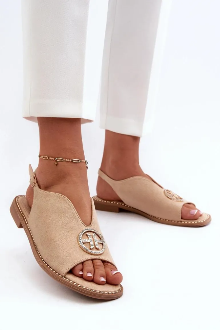 Sandały Damskie Ze Złotą Ozdobą Eko Zamszowe S.Barski KV27-059 Beżowe