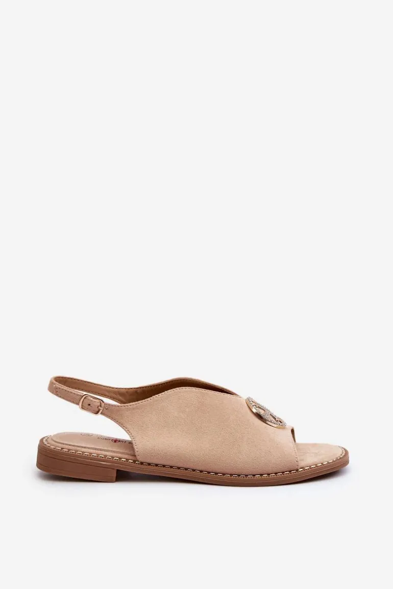 Sandały Damskie Ze Złotą Ozdobą Eko Zamszowe S.Barski KV27-059 Beżowe