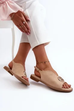 Sandały Damskie Ze Złotą Ozdobą Eko Zamszowe S.Barski KV27-059 Beżowe