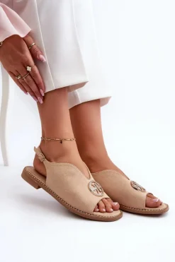 Sandały Damskie Ze Złotą Ozdobą Eko Zamszowe S.Barski KV27-059 Beżowe