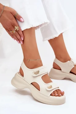 Sandały Damskie Ze Złotymi Detalami Beżowe Luvira