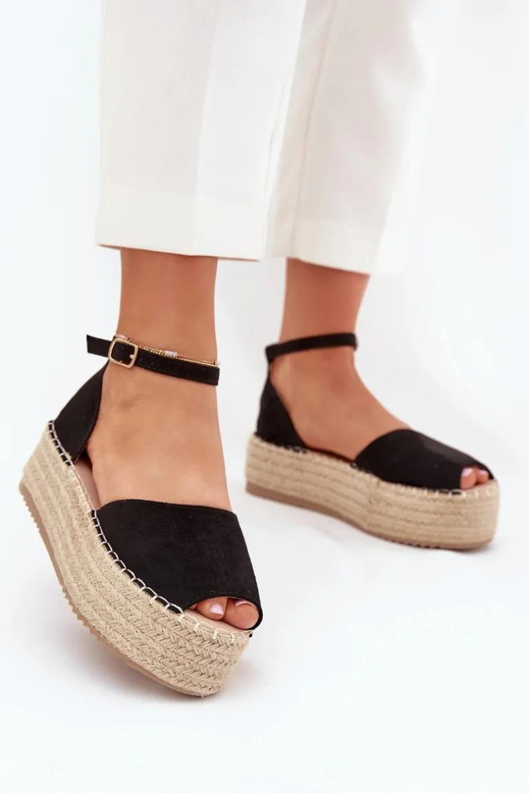 Sandały Espadryle Damskie Na Platformie Z Plecionką Czarne Selise
