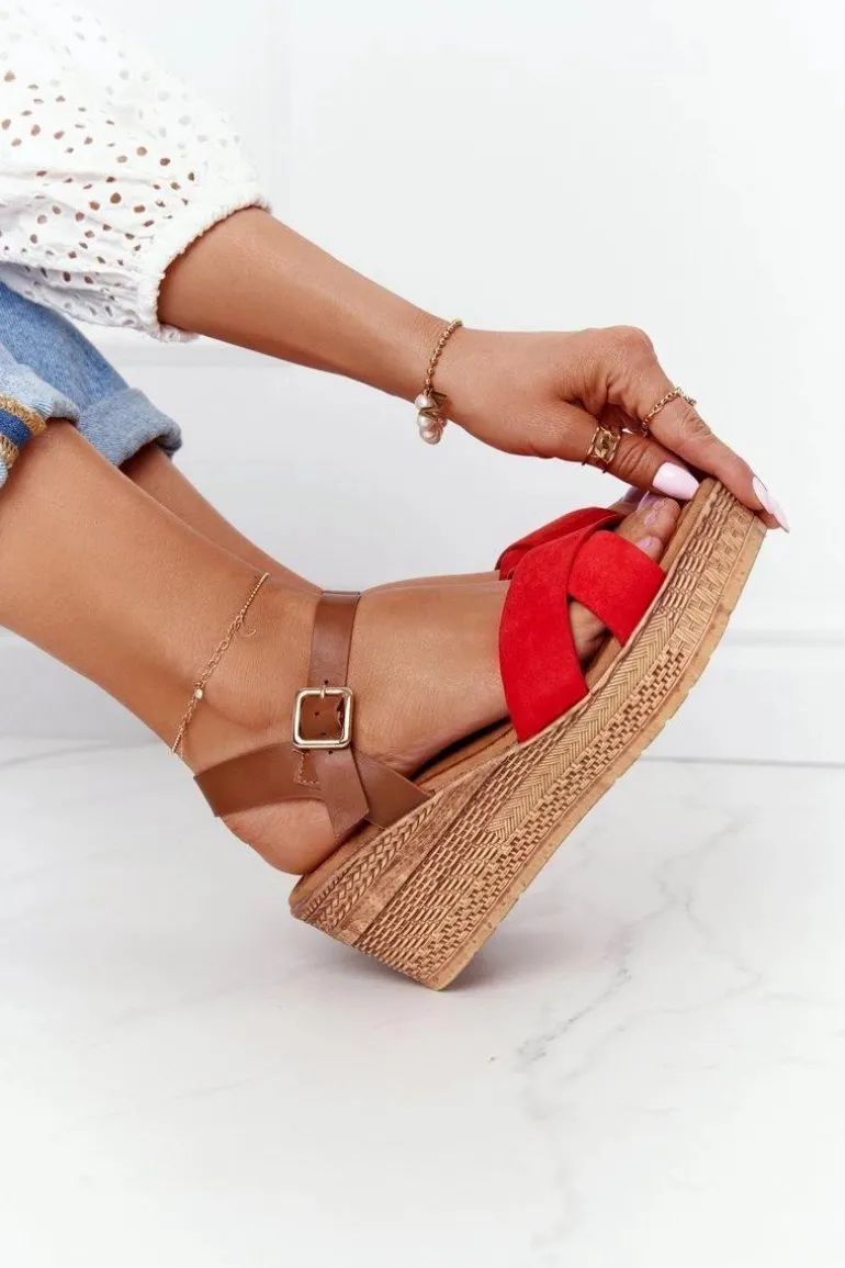 Sandały Na Koturnie S.Barski GD-38 Czerwone