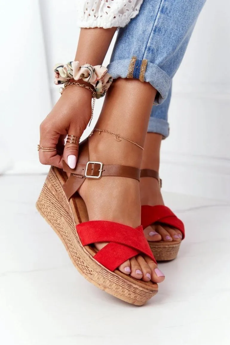 Sandały Na Koturnie S.Barski GD-38 Czerwone