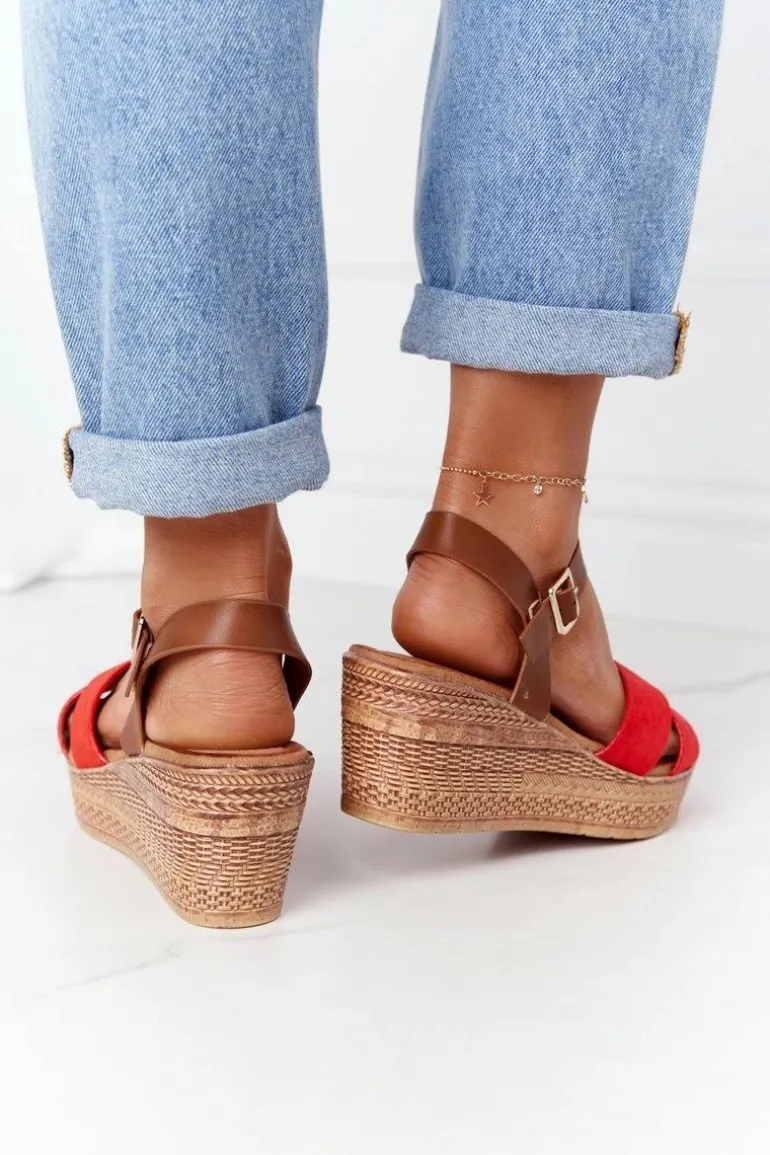 Sandały Na Koturnie S.Barski GD-38 Czerwone