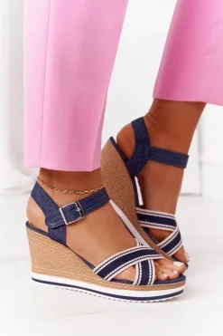 Sandały Na Koturnie W Stylu Marynarskim Granatowe Sea Wave
