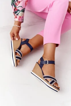 Sandały Na Koturnie W Stylu Marynarskim Granatowe Sea Wave