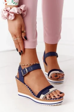 Sandały Na Koturnie W Stylu Marynarskim Granatowe Tropical