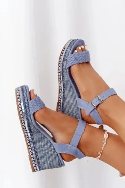 Sandały Na Koturnie Z Cekinami Niebieskie Scilla