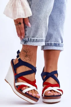 Sandały Na Koturnie Z Paseczkami Granatowe Ellen