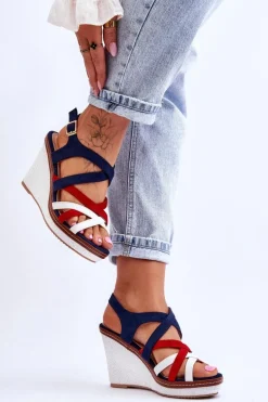 Sandały Na Koturnie Z Paseczkami Granatowe Ellen