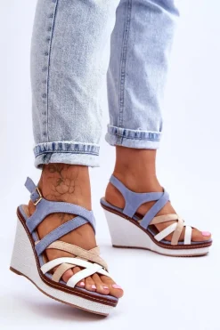 Sandały Na Koturnie Z Paseczkami Niebieskie Ellen