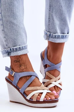 Sandały Na Koturnie Z Paseczkami Niebieskie Ellen