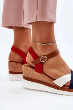 Sandały Na Koturnie Z Paskami Biało-Granatowe Kioda