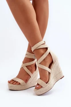 Sandały Na Koturnie Z Plecionką Beżowe Salthe