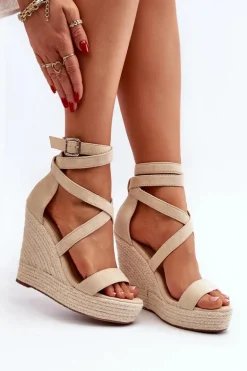 Sandały Na Koturnie Z Plecionką Beżowe Salthe