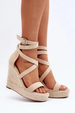 Sandały Na Koturnie Z Plecionką Beżowe Salthe