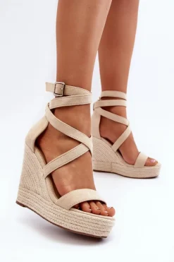 Sandały Na Koturnie Z Plecionką Beżowe Salthe