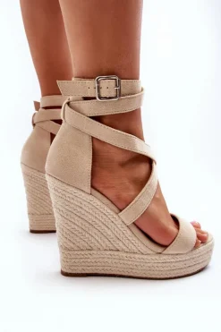 Sandały Na Koturnie Z Plecionką Beżowe Salthe