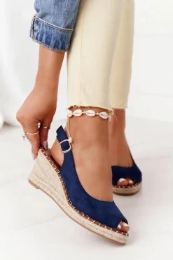 Sandały Na Koturnie Z Plecionką Granatowe Las Palomas