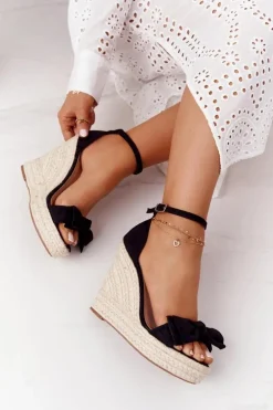 Sandały Na Koturnie Z Plecionką Czarne Go For It