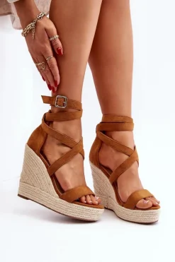 Sandały Na Koturnie Z Plecionką Camel Salthe