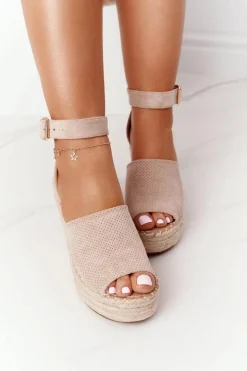 Sandały Na Koturnie Z Plecionką Beżowe Makenna
