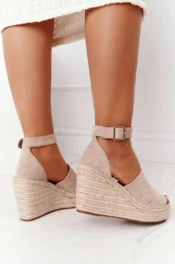 Sandały Na Koturnie Z Plecionką Beżowe Makenna