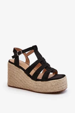 Sandały Na Koturnie Z Plecionką Czarne Gnosis