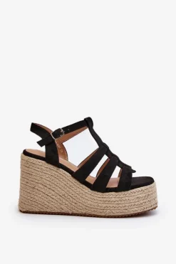 Sandały Na Koturnie Z Plecionką Czarne Gnosis
